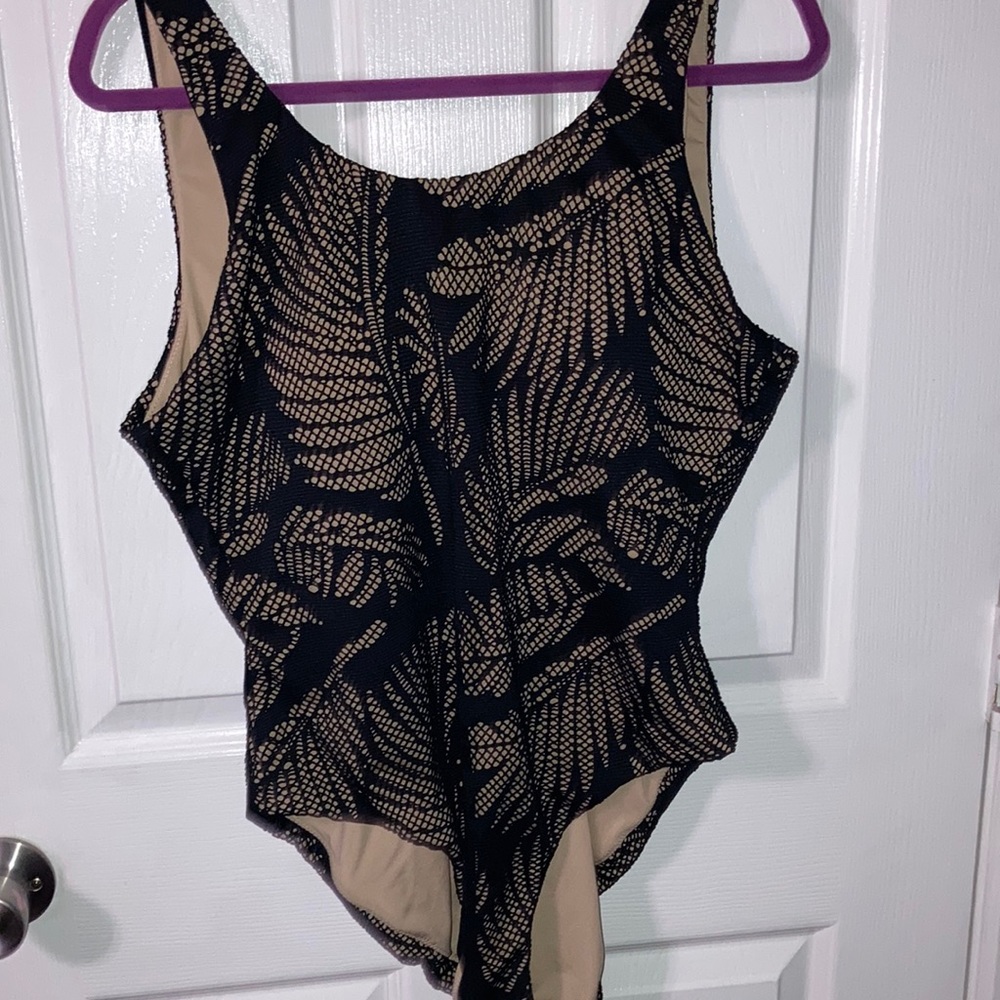Black Open Leaf Pattern over Beige/Tan Swimsuit